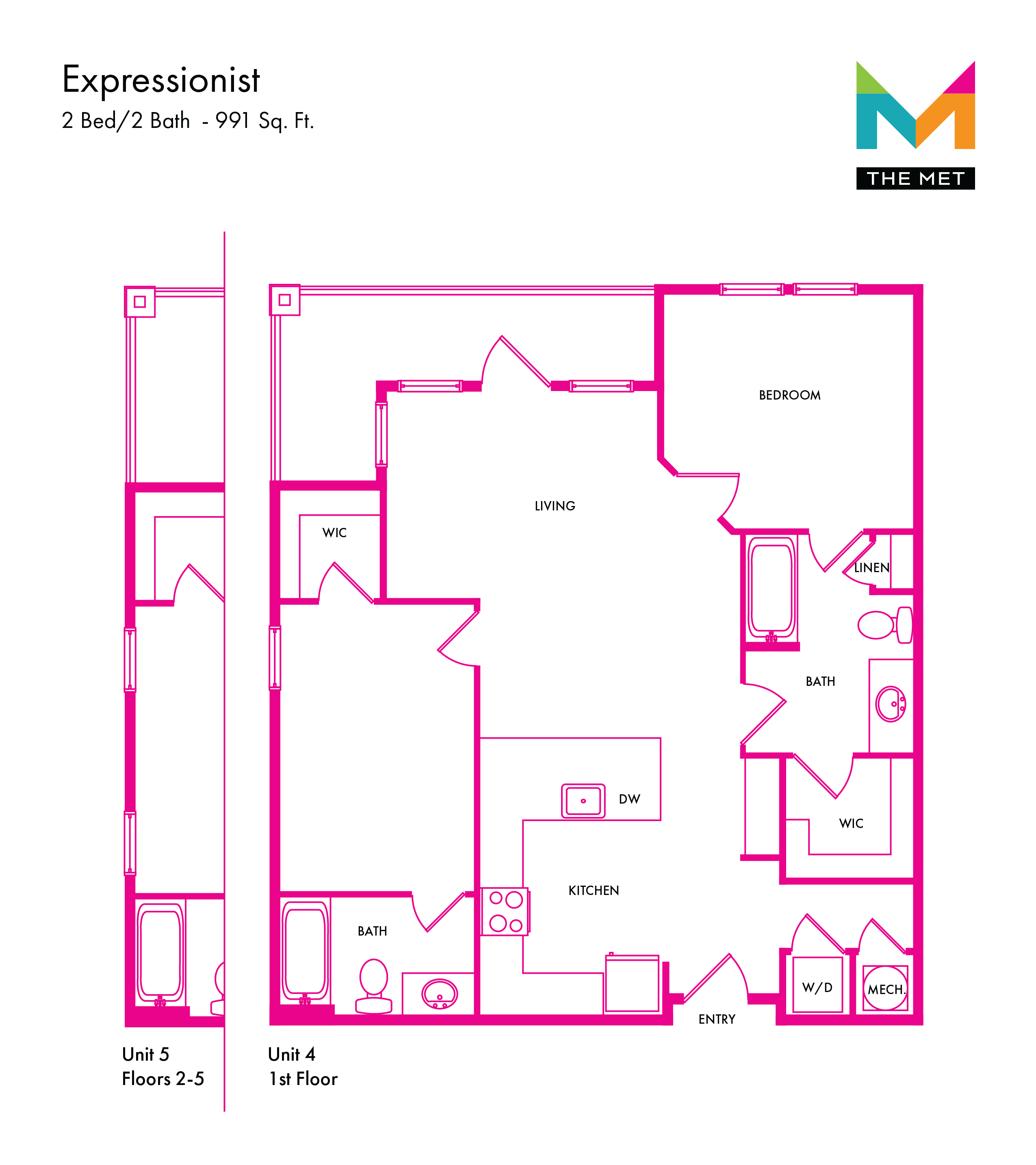 Floor plan for 2 beds, 2 baths, 991 sqft